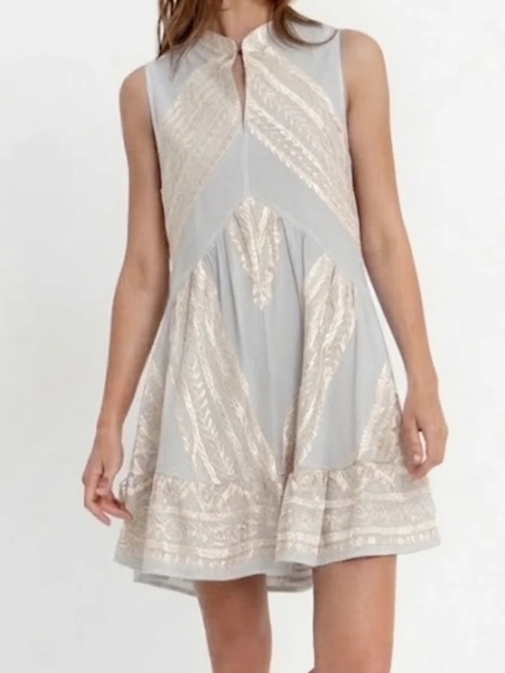 NWT Greek Archaic Kori Sleeveless Embroidered Mini Dress in Light Gray size XS